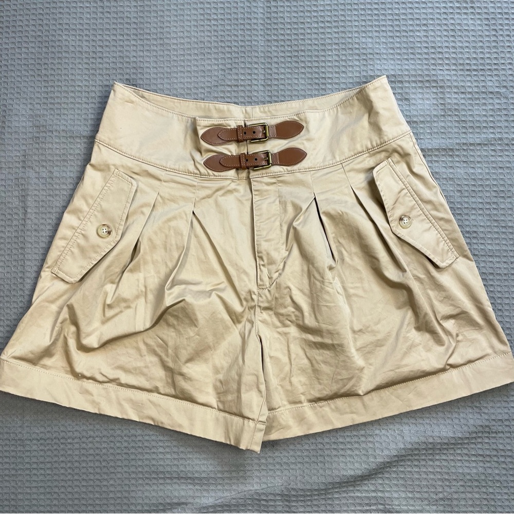 Lauren Ralph Lauren Buckle Trim Sateen Shorts 10 Womens Pleated Safari Khaki